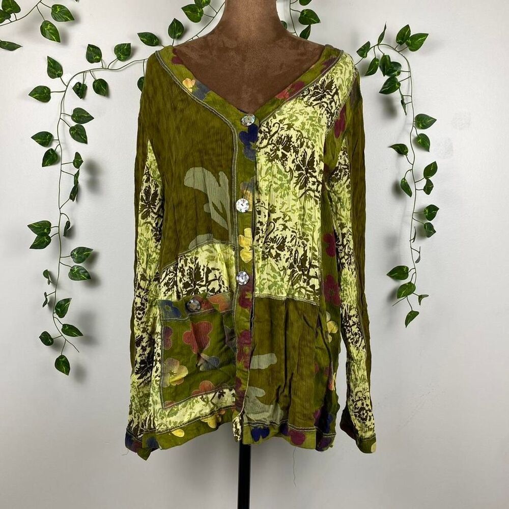 Vintage Mirror Image Green floral hippie patchwork blouse whimsy twee fairy
